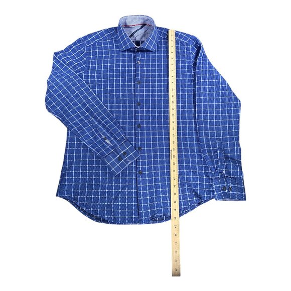 Fredrick Martin Shirt Mens M Cotton Blue Plaid Textured Embroidered Logo Pocket - Picture 4 of 16